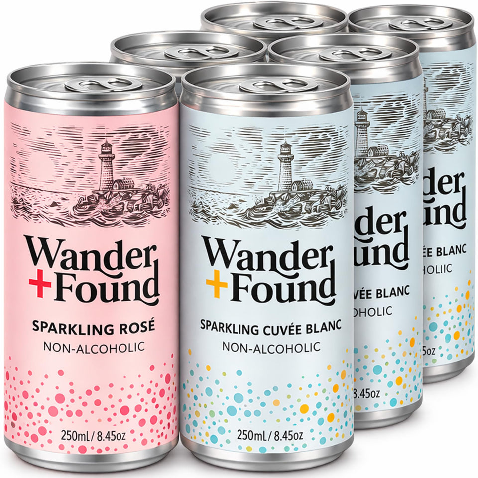 Wander + Found variety pack with Rosé and Cuvée Blanc 8.5 oz cans for easy sipping.