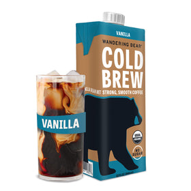 Wandering Bear Vanilla Cold Brew bottle shows 32oz convenience for hosting or daily use.