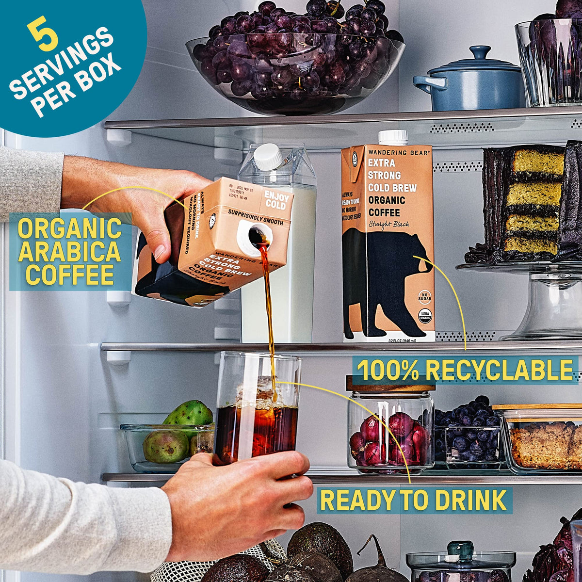 Wandering Bear Vanilla Cold Brew packaging on kitchen shelf suggests bulk storage convenience.