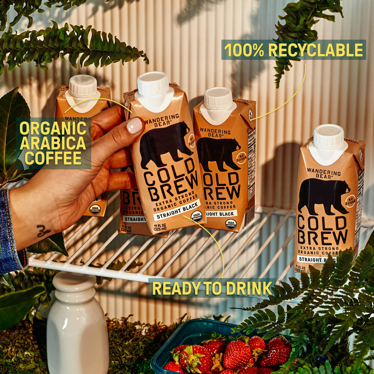 Wandering Bear cold brew packaging preserves freshness up to seven days after opening.