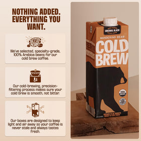 Wandering Bear decaf cold brew carton packaging emphasizes shelf-stable storage