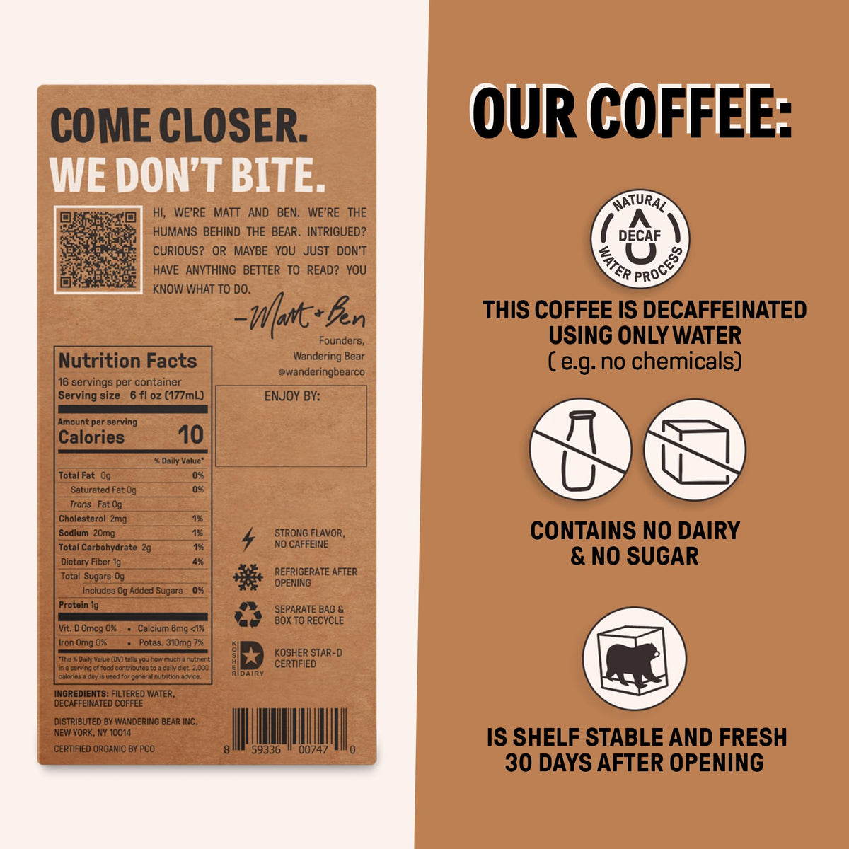 Wandering Bear Decaf Cold Brew iced pour highlights bold flavor with low caffeine.