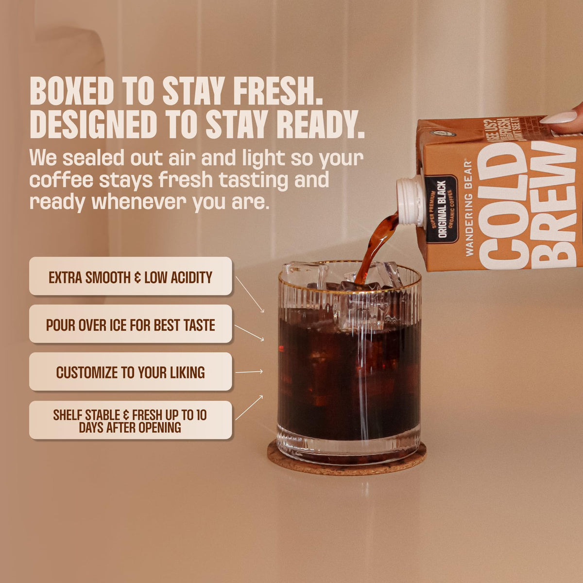 Wandering Bear decaf cold brew ready-to-drink demonstrates versatile serving options