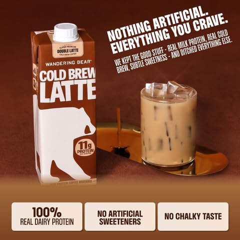 Wandering Bear Double Latte highlights a 140 mg caffeine boost per serving.