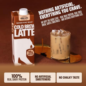 Wandering Bear Double Latte highlights a 140 mg caffeine boost per serving.