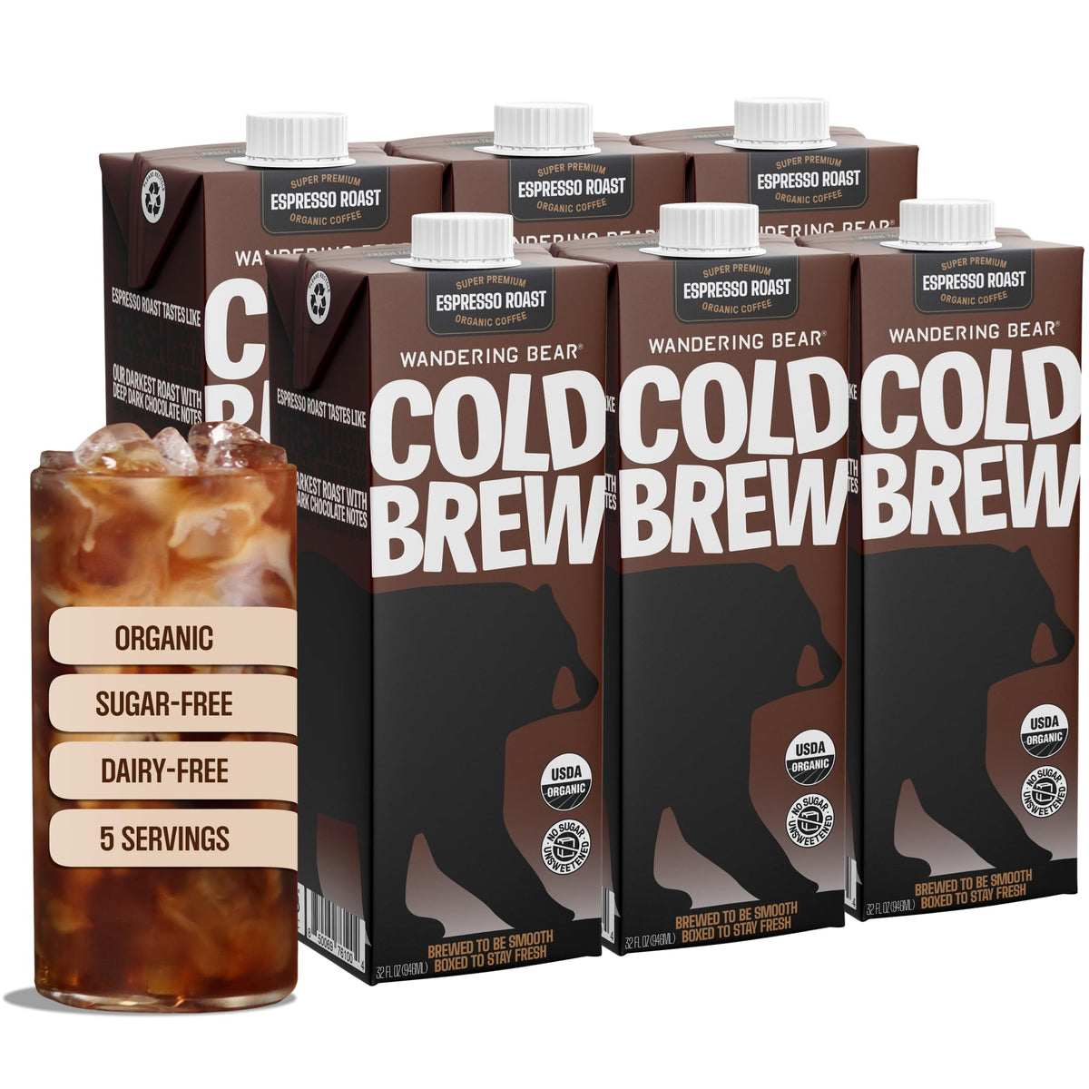 Wandering Bear Espresso Roast bottle pour highlights bold flavor and smooth finish for quick enjoyment.