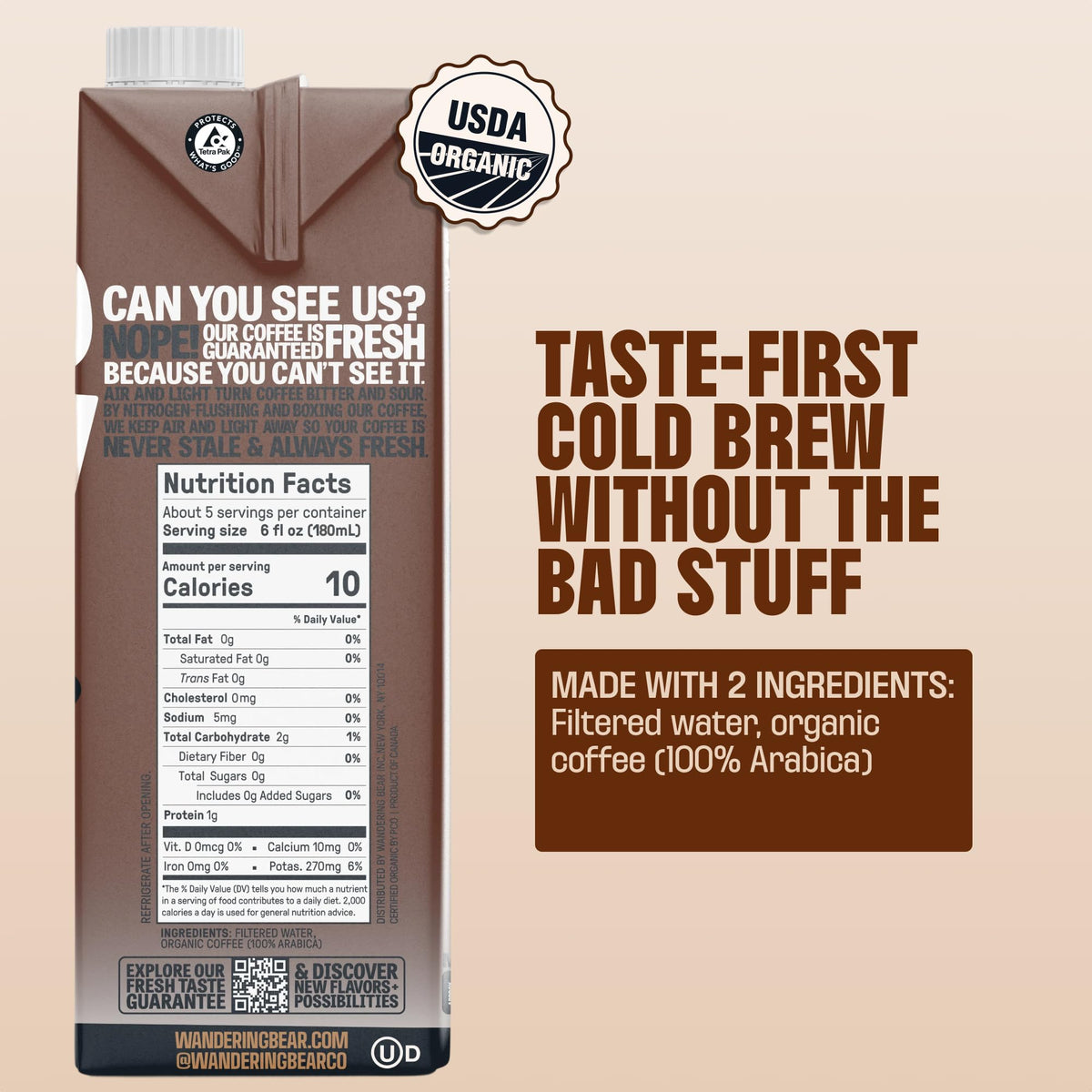 Wandering Bear Espresso Roast with dark chocolate notes offers a rich profile straight from the carton.