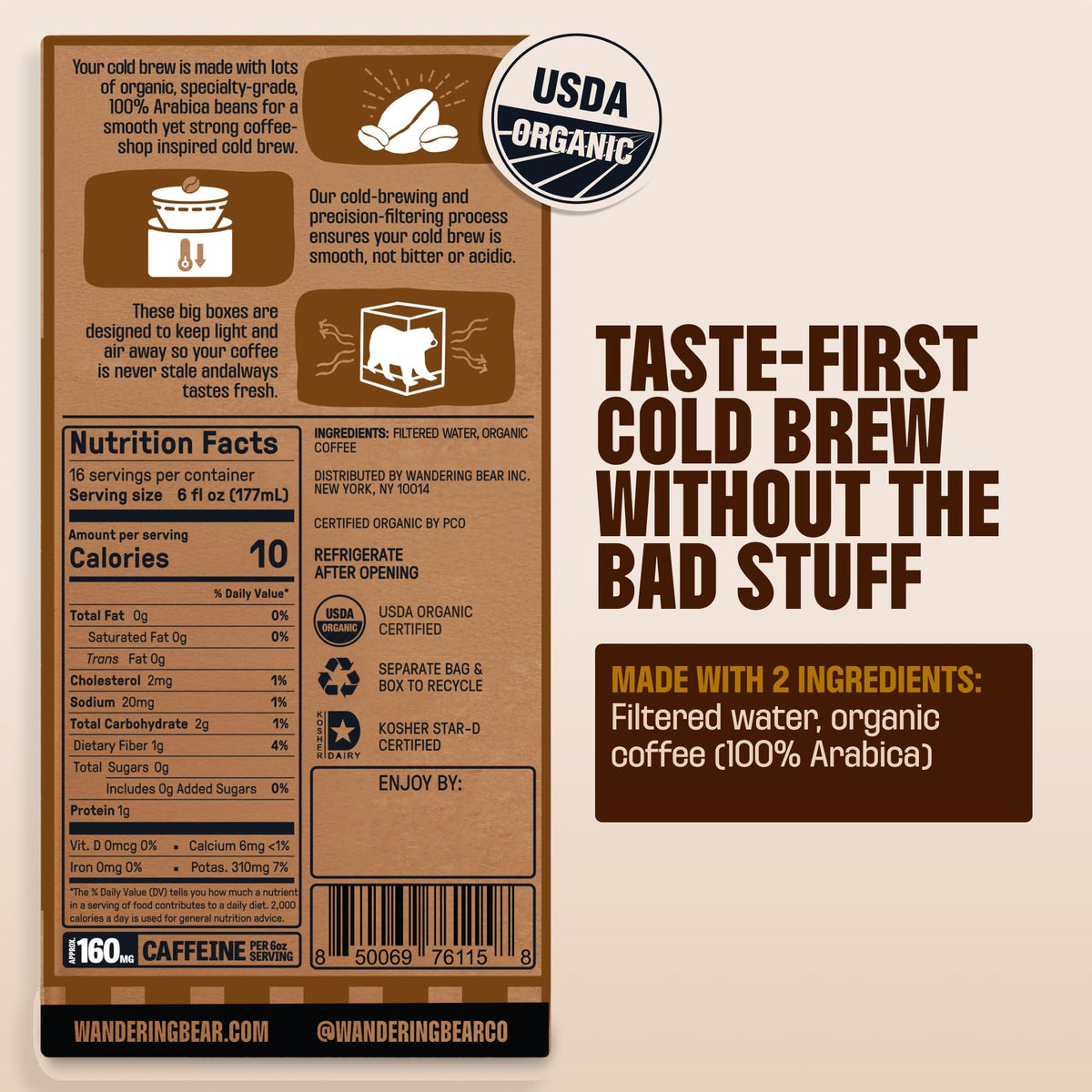 Wandering Bear Espresso Roast label closeup highlighting organic Arabica origin