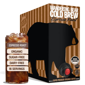 Wandering Bear Espresso Roast on tap bottle shows bold flavor and convenient caffeine