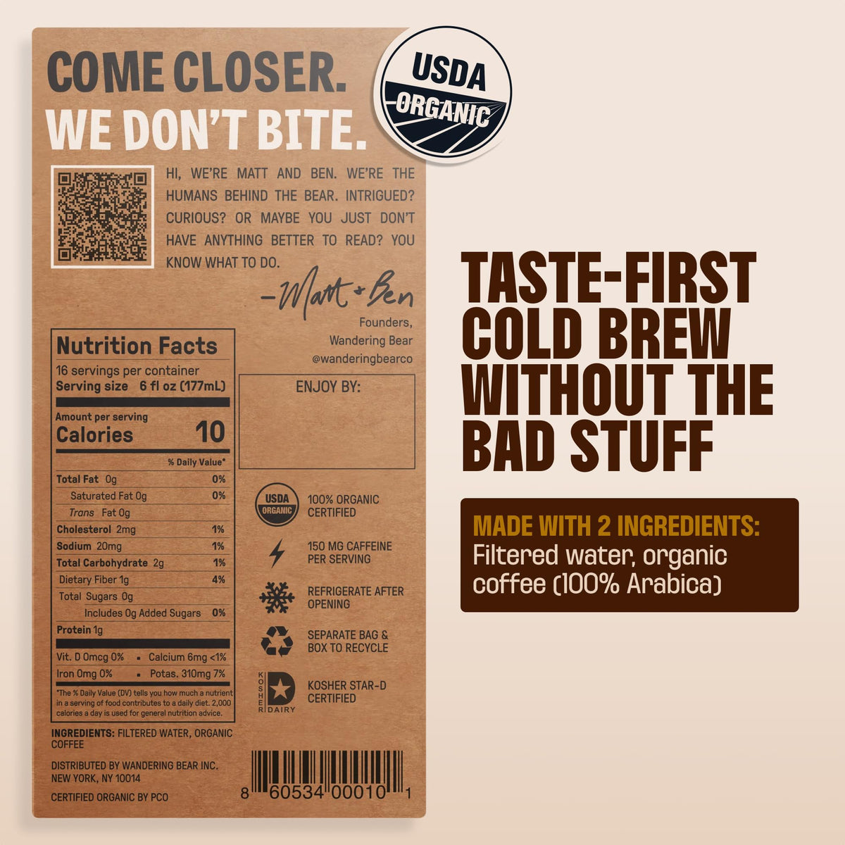 Wandering Bear On Tap Cold Brew box closeup highlights packaging and freshness.