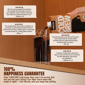 Close-up of Wandering Bear Organic Caramel Cold Brew label with organic beans.
