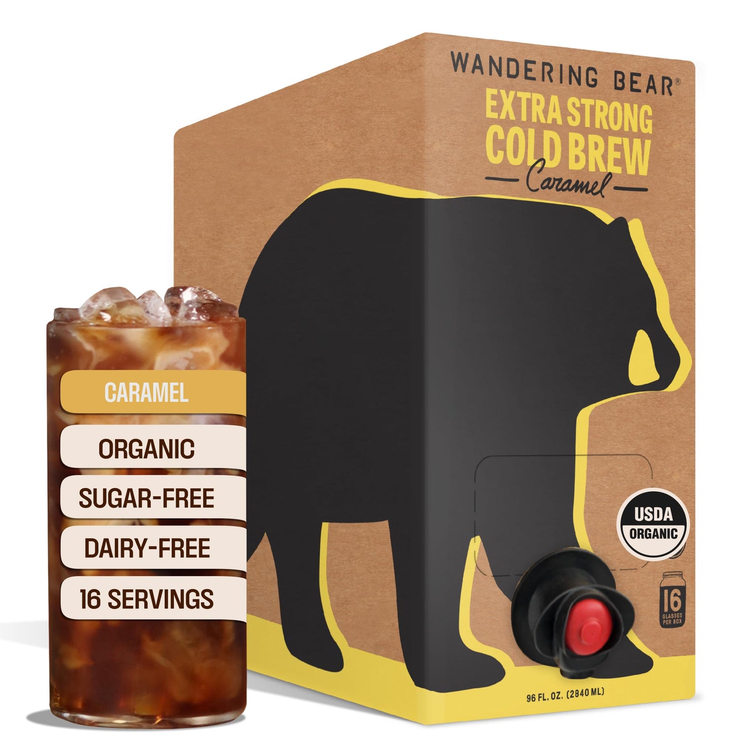 Wandering Bear Organic Caramel Cold Brew On Tap pour with rich caramel aroma