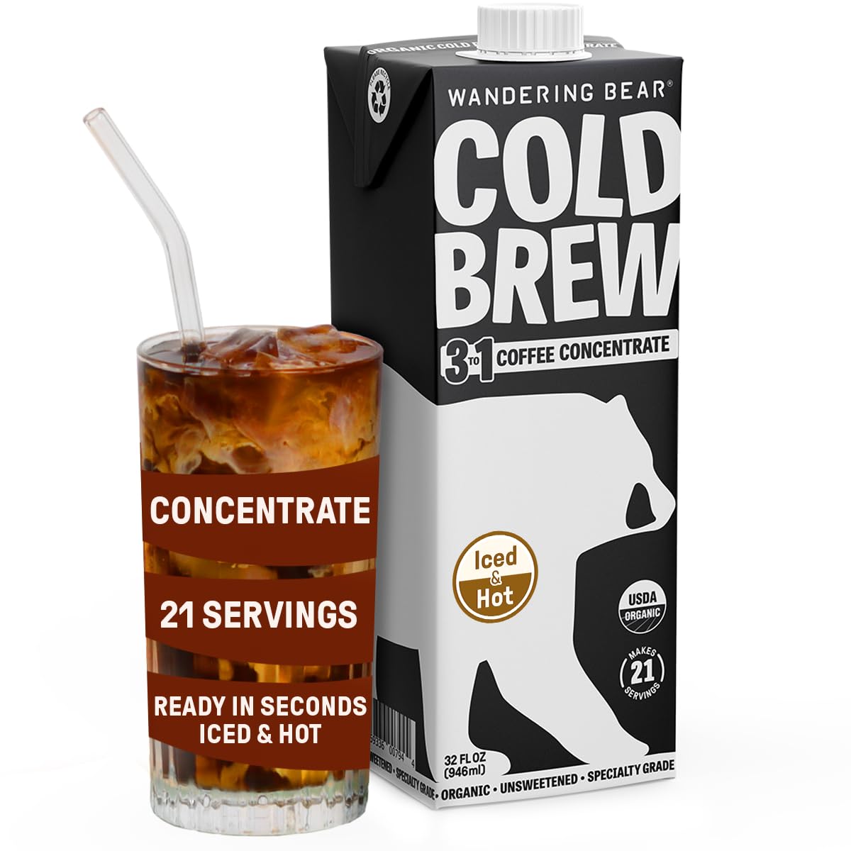 Wandering Bear box-front highlighting organic cold brew concentrate for shelf-stable convenience.