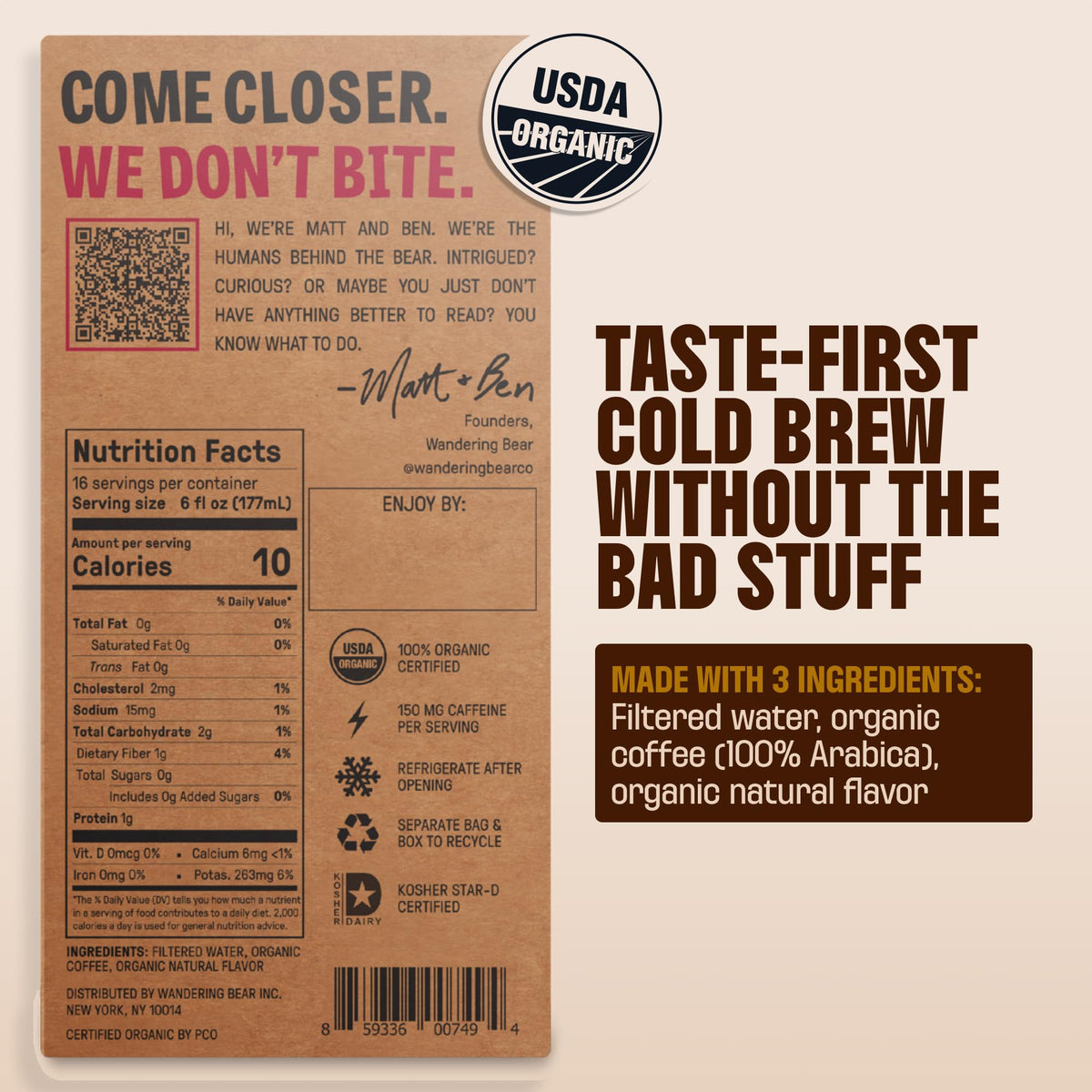 Wandering Bear Organic Mocha Cold Brew on Tap bottle shows bold, caffeine-rich convenience.