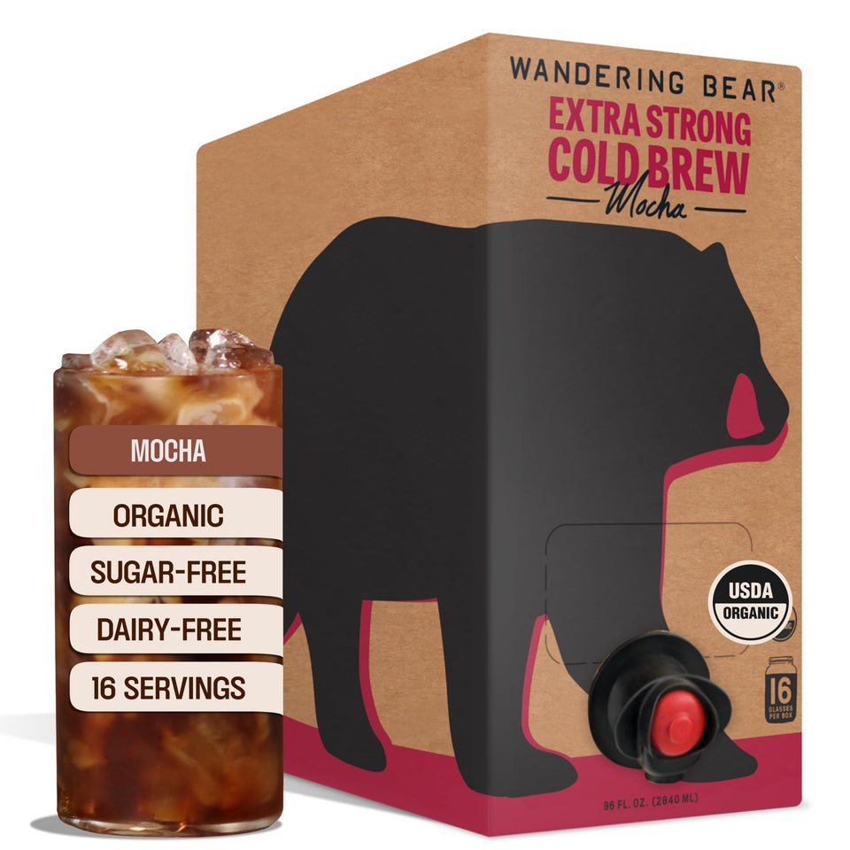 Wandering Bear Organic Mocha Cold Brew on Tap pour highlights smooth, ready-to-serve coffee.