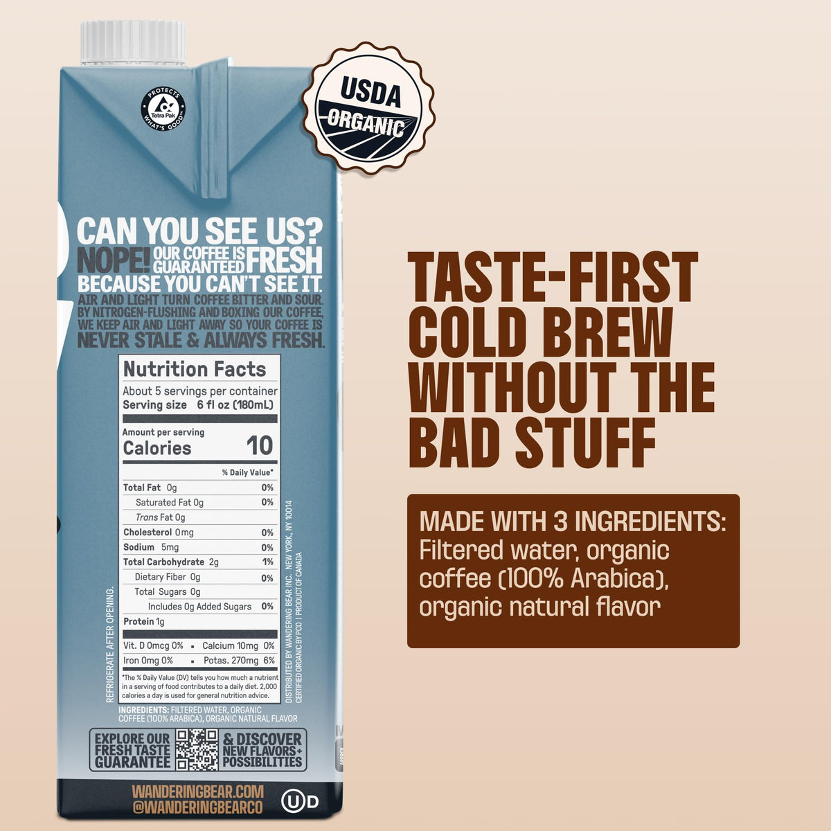 Glass pour of Wandering Bear vanilla cold brew reveals smooth aroma and rich vanilla notes