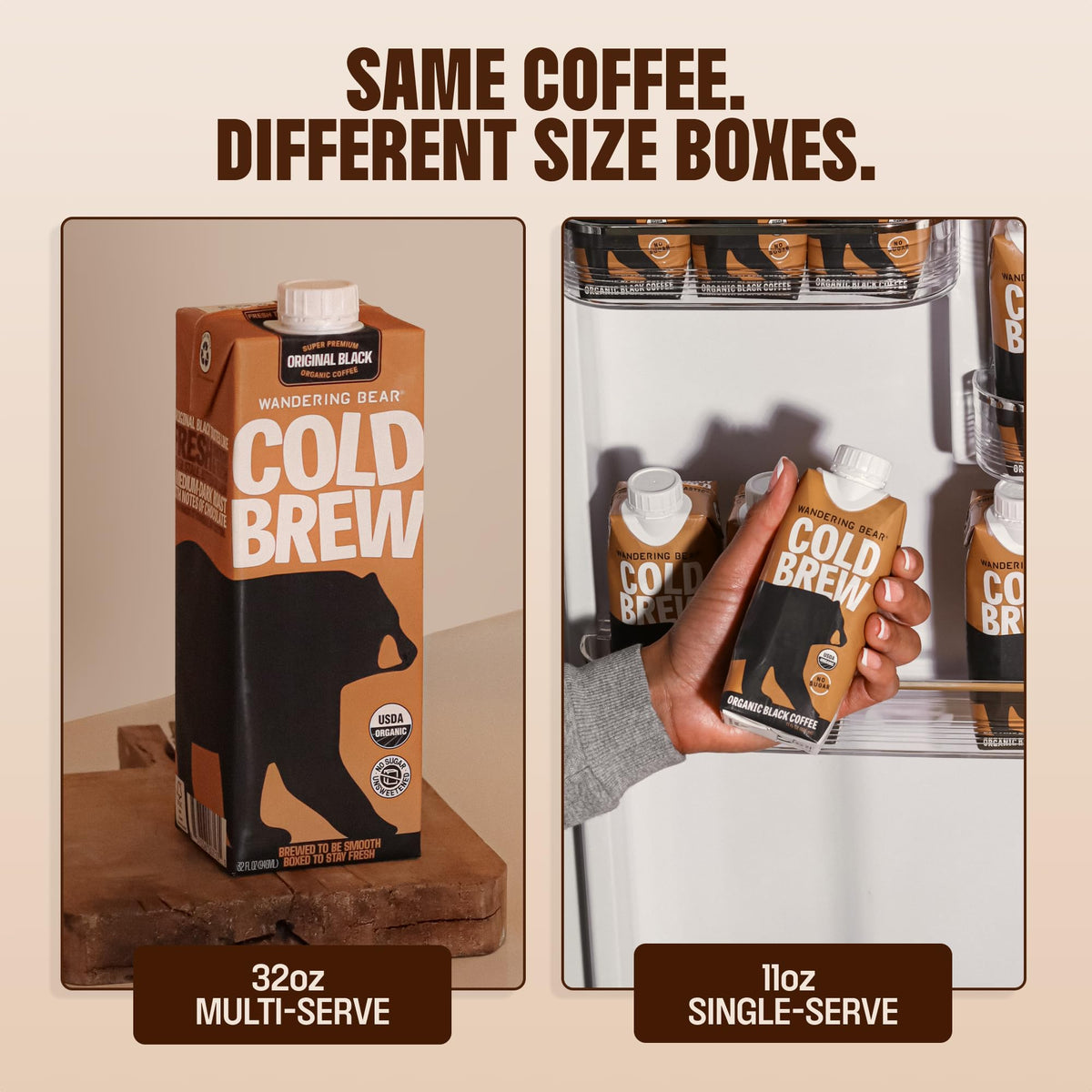 Wandering Bear packaging and bottle conveys shelf-stable, ready-to-drink convenience.