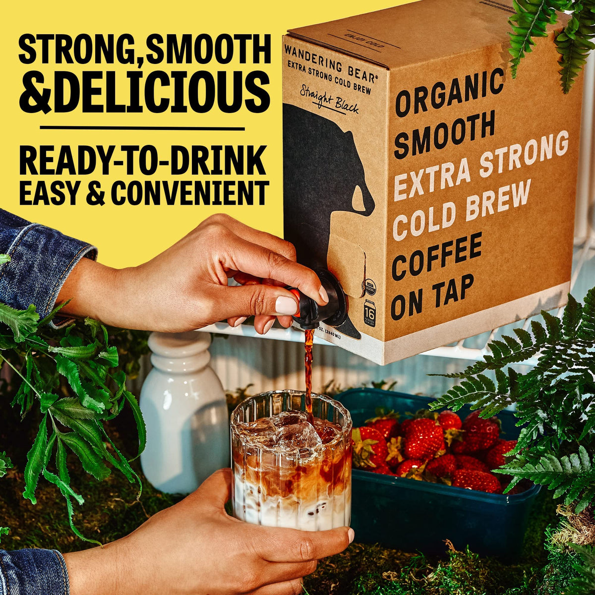 Wandering Bear Straight Black delivers 150 mg caffeine per 6 oz serving.