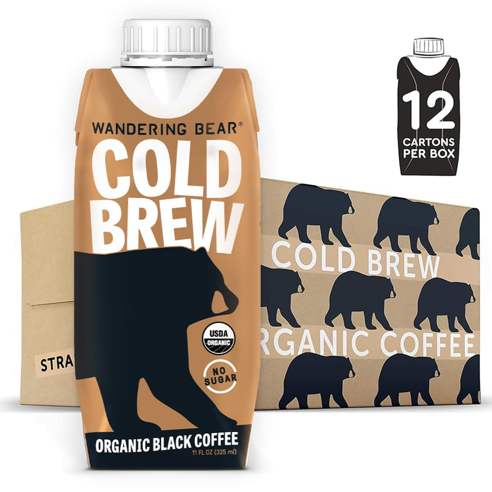 Wandering Bear Straight Black bottle pour showcases bold, smooth cold brew for busy mornings.