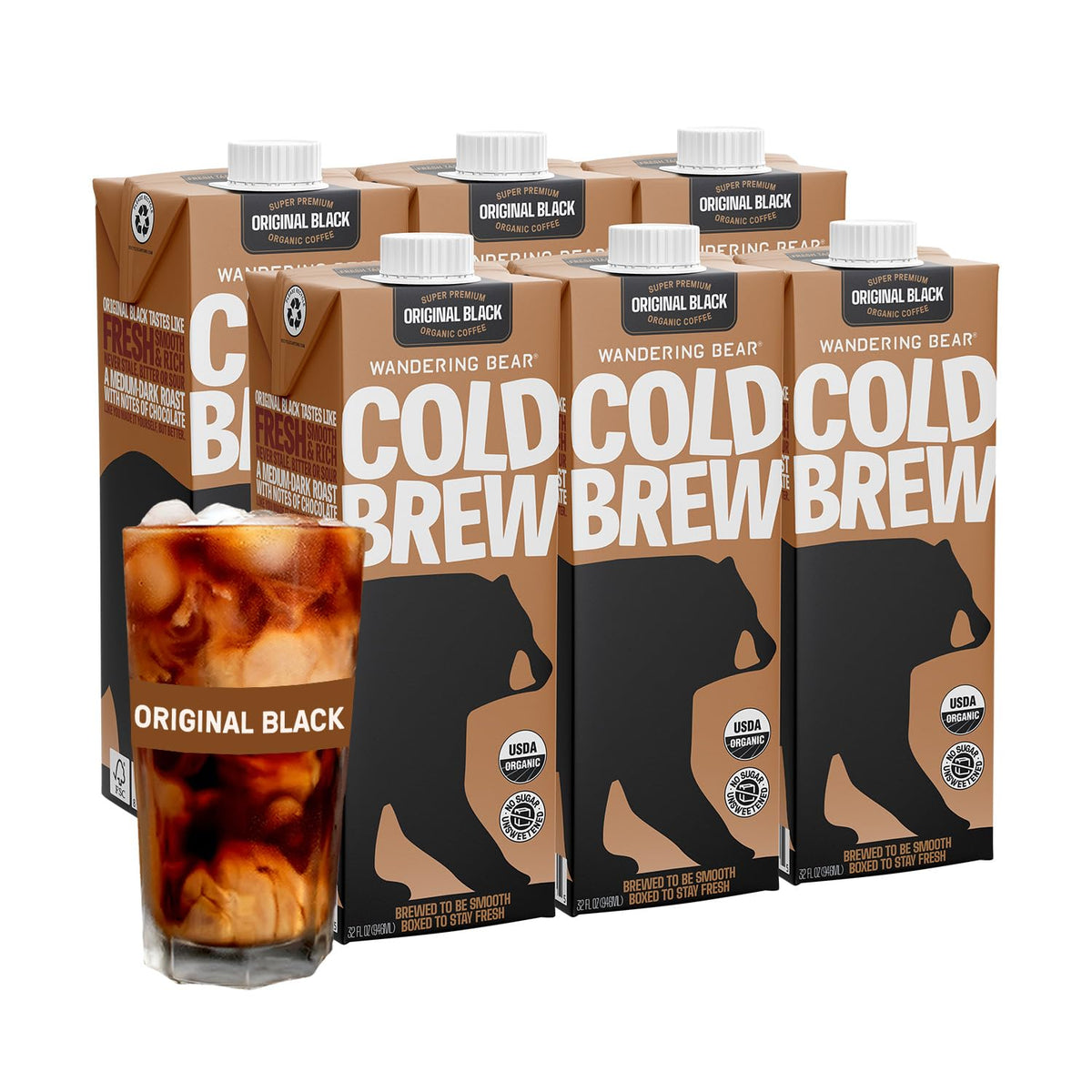 Wandering Bear Straight Black Organic Cold Brew bottle shows bold, unsweetened flavor.