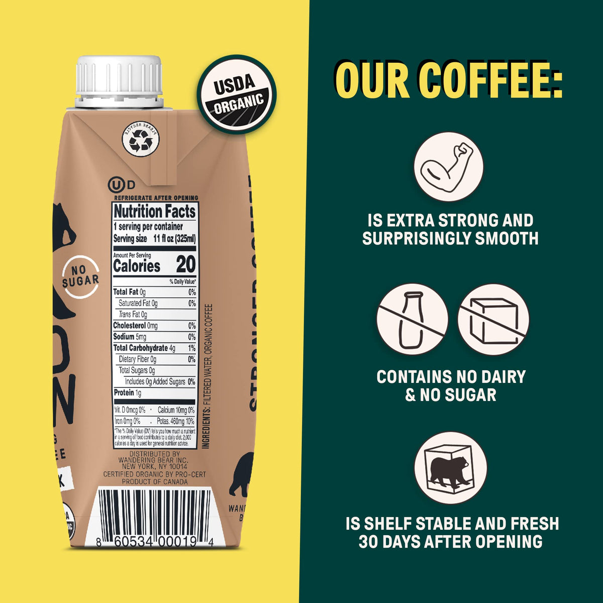 Wandering Bear Straight Black can top view shows premium organic cold brew ready to enjoy.