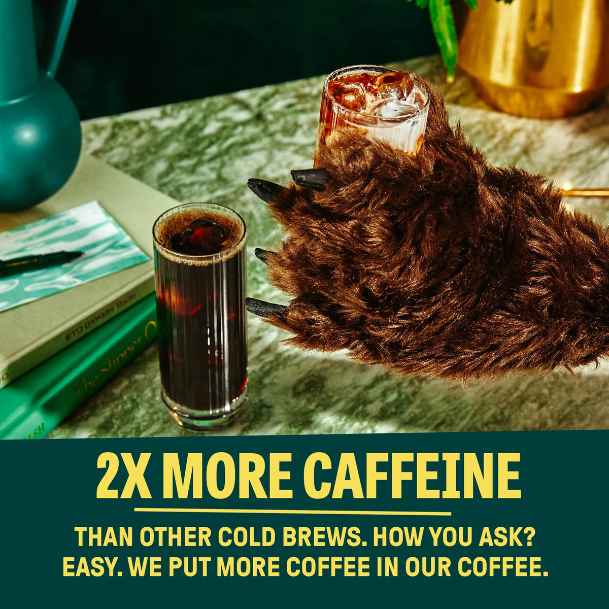 Wandering Bear Straight Black glass pour highlights caffeine kick and smooth taste.