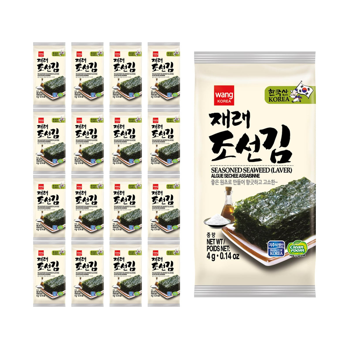 Wang Korean Seaweed Original pack shows convenient 16-count packaging for on-the-go snacking.