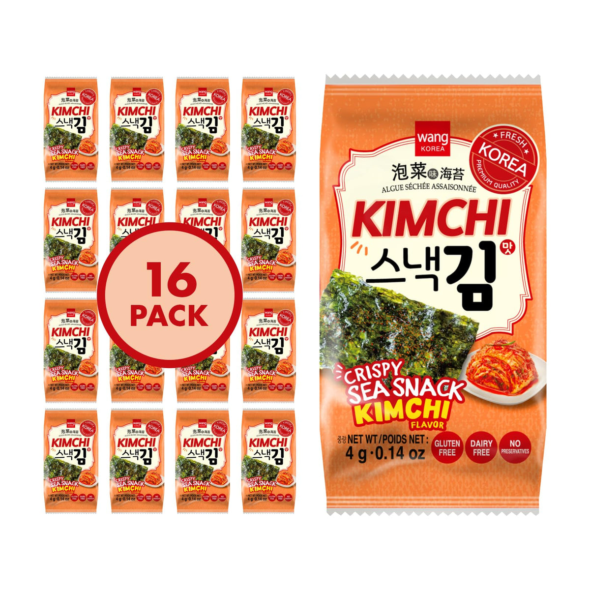 Wang Kimchi seaweed snack pack, crispy bite for on-the-go snacking.