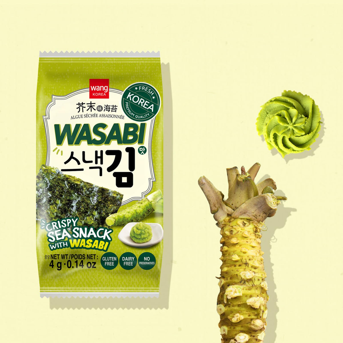 Wang Wasabi seaweed sheets deliver a savory crunch with a crisp, spicy finish.