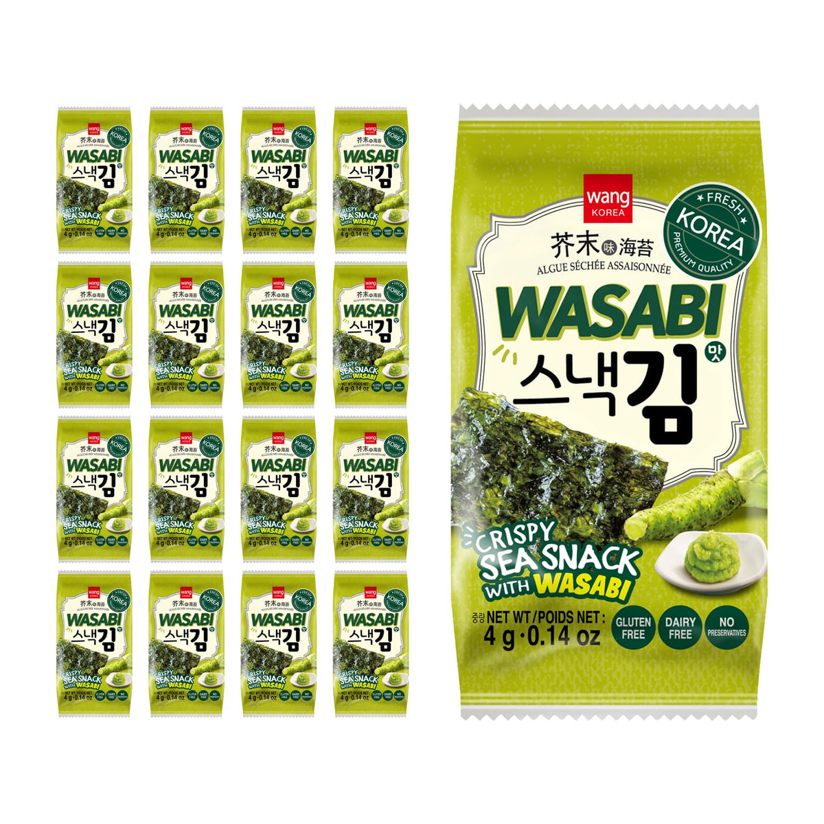 Wang Wasabi seaweed pack front highlights bold seasoning and a crispy, keto-friendly snack option.