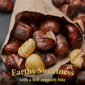 Wang USDA Organic and Kosher logo signals quality beside roasted chestnuts.