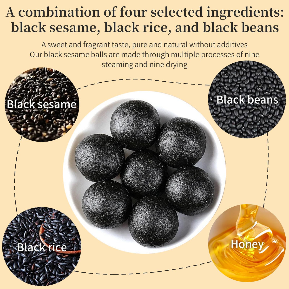 Selected ingredients include black sesame, black rice, black beans, and honey for a natural blend.