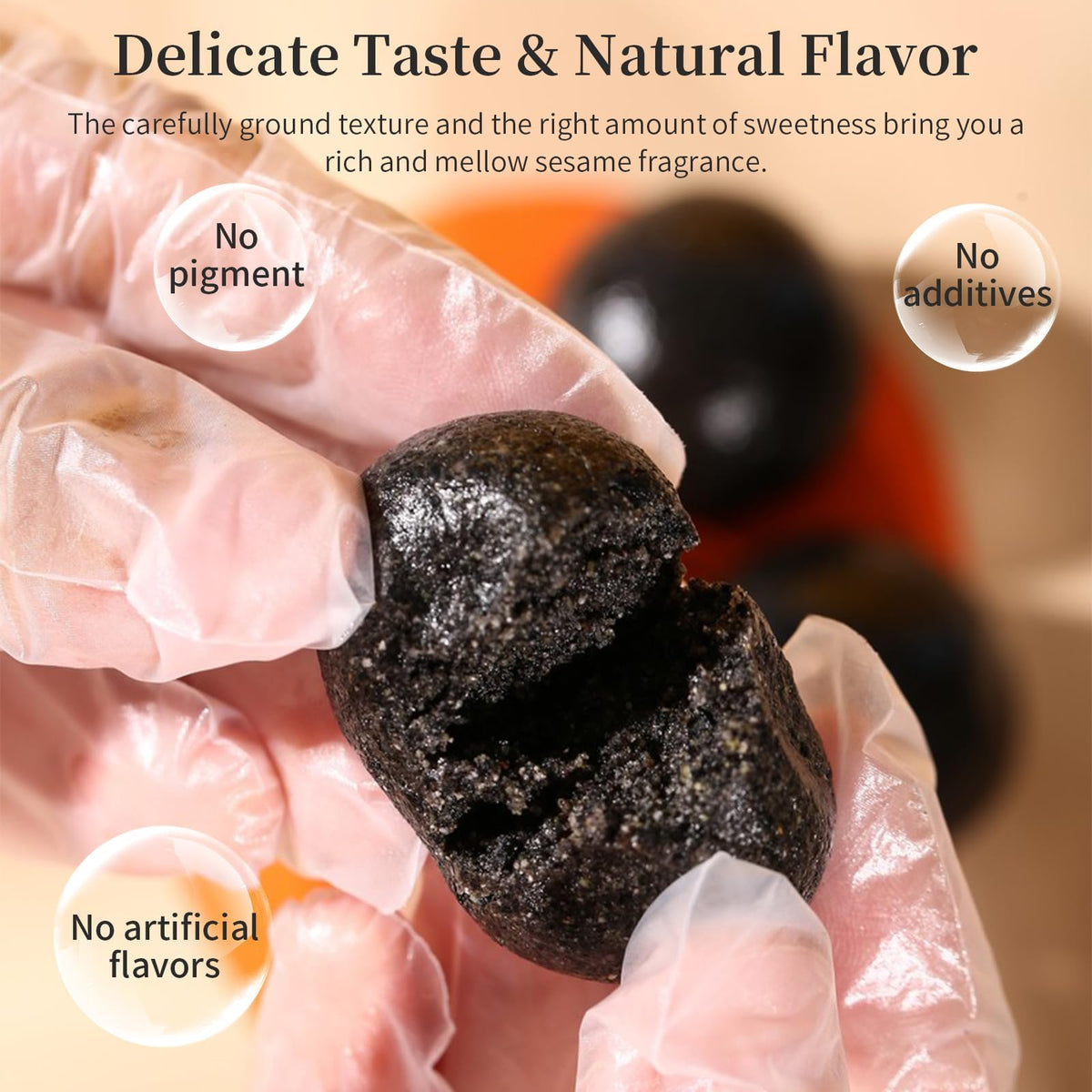 Close-up of glossy sesame seeds and chewy texture with honey aroma on a black sesame ball.