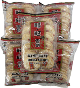 Want Want Big Shelly Shenbei Snowy Crispy Rice Crackers sugar glazed pack of five, front view.