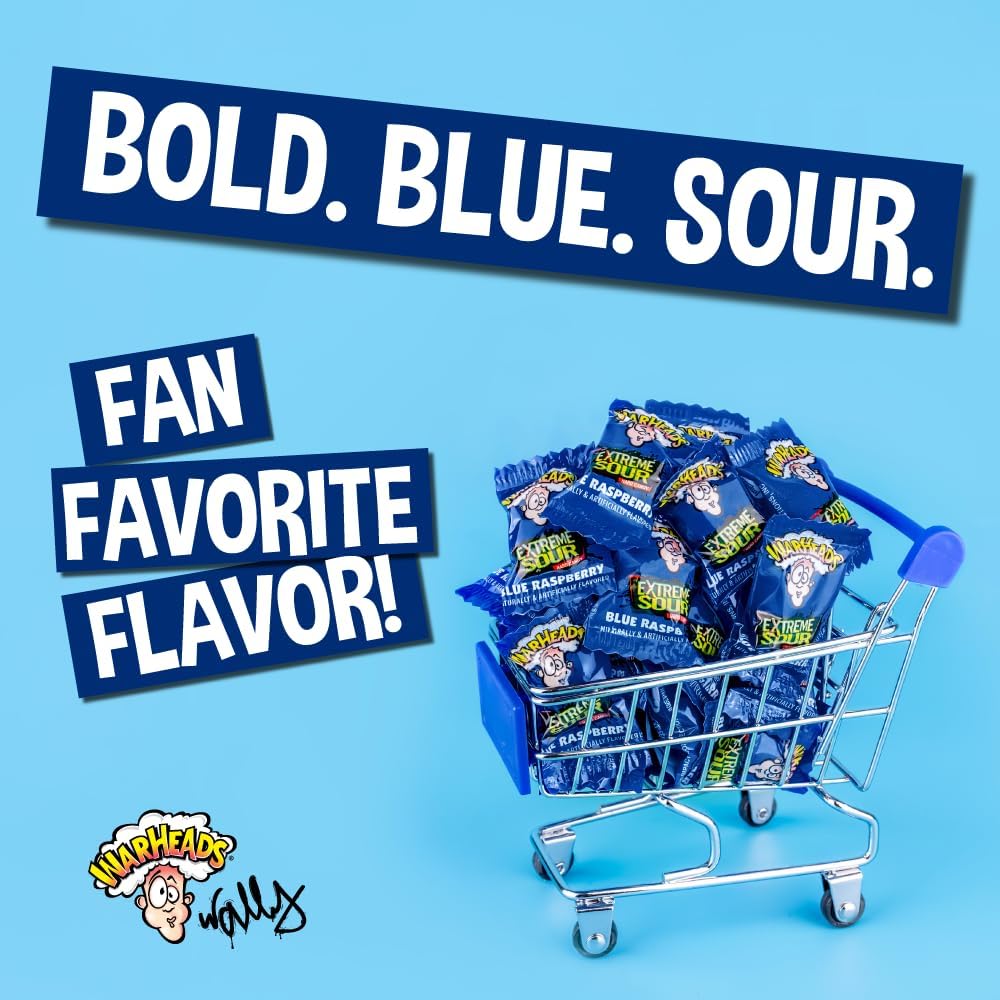 Front view of Warheads Blue Raspberry bulk packaging for easy restocking