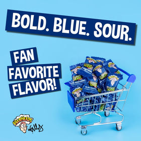 Front view of Warheads Blue Raspberry bulk packaging for easy restocking