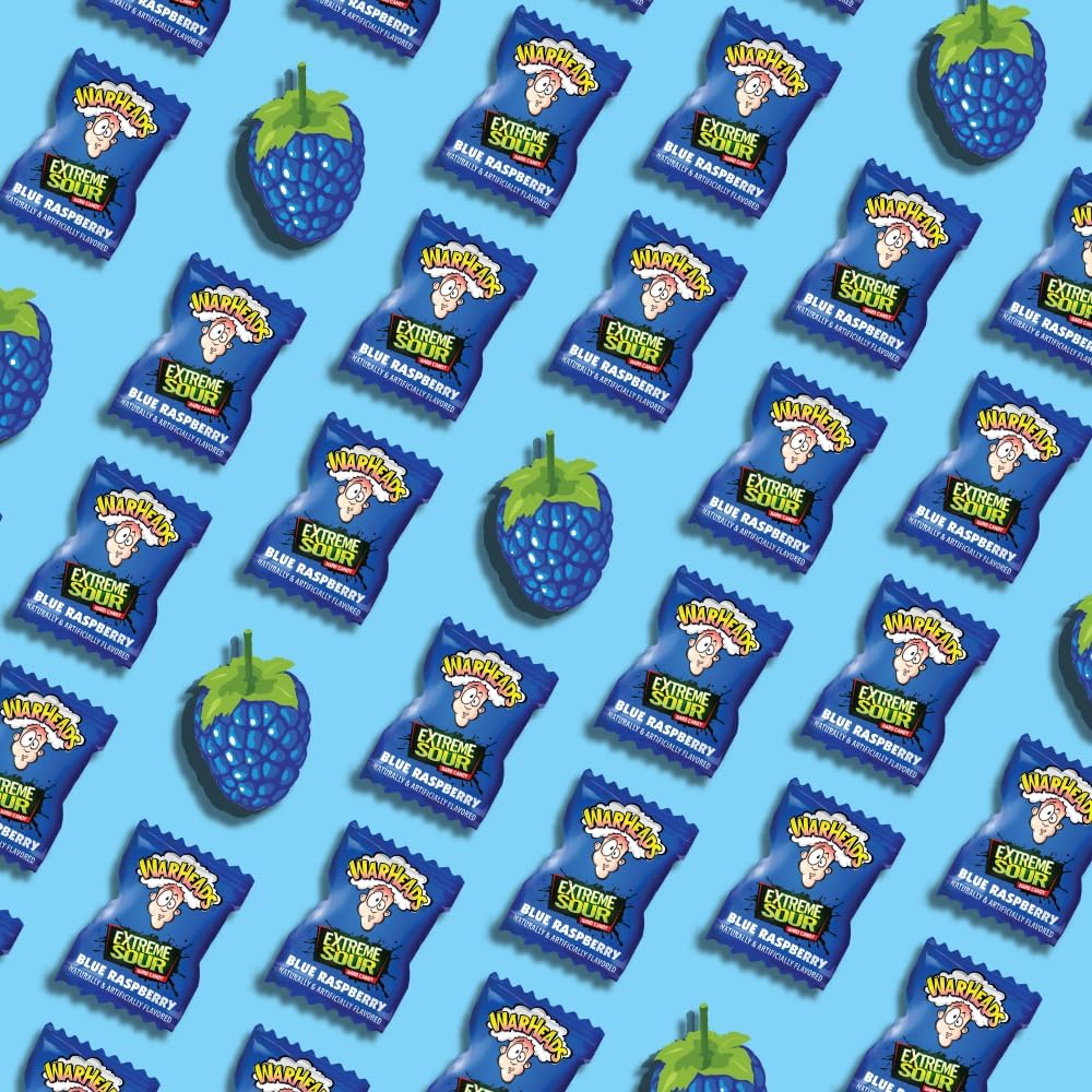 Individually wrapped Warheads Blue Raspberry candies ready for grab-and-go snacking