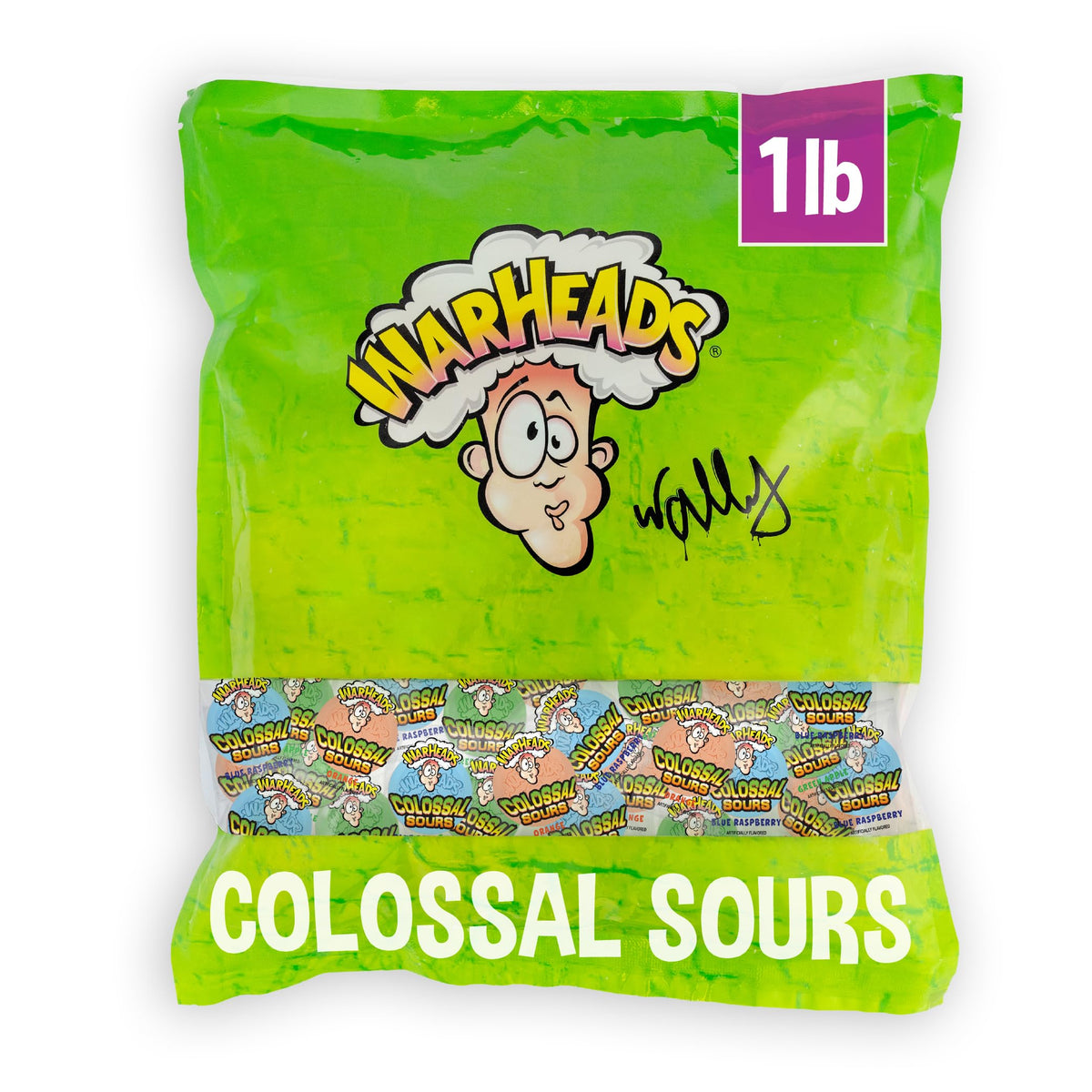 Warheads Colossal Sours blue raspberry bag — bold flavor for party snacking.