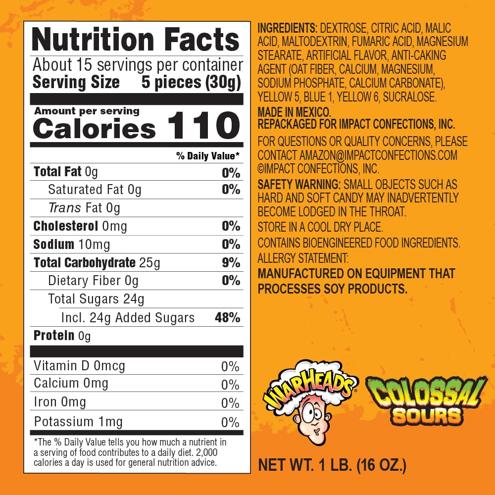 Warheads Colossal Sours individually wrapped bag — keeps flavor fresh for snacking and gifting.