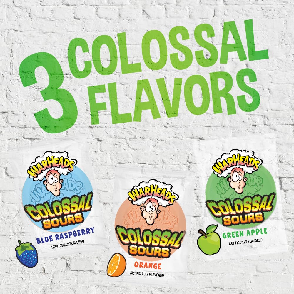 Warheads Colossal Sours orange bag — tangy bite for bulk candy buffets.