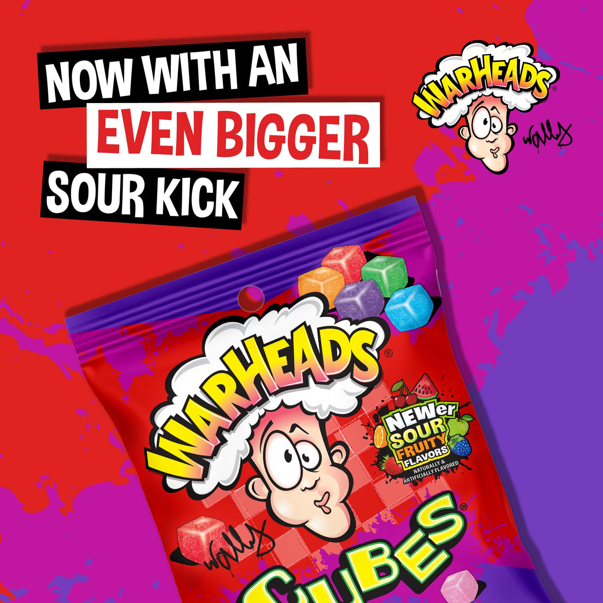 Warheads Cubes blue raspberry candy close-up showing vibrant coating and fruity punch.