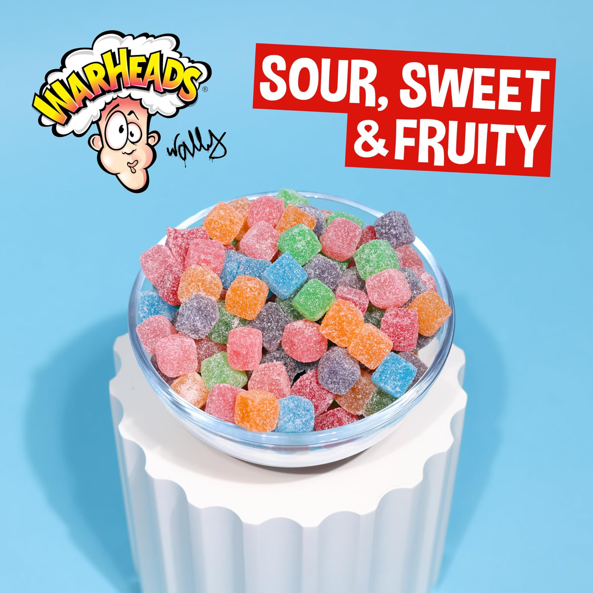 Warheads Cubes green apple candy close-up with crisp tartness for snacking.