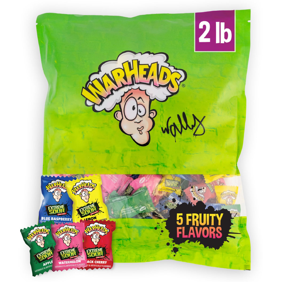 Warheads Extreme Sour Hard Candy 2lb bulk bag closeup for party snacking and sharing.