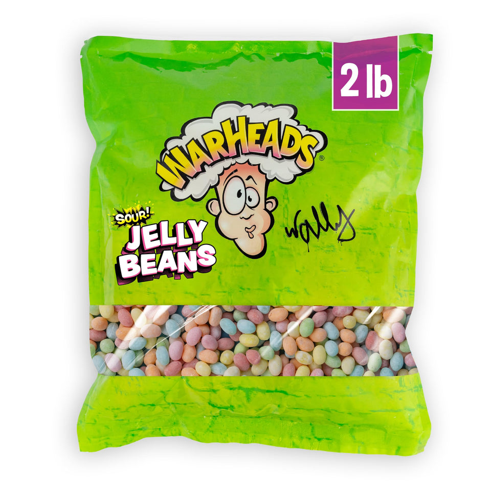 Warheads sour jelly beans in black cherry flavor for bold snacking and party bowls.