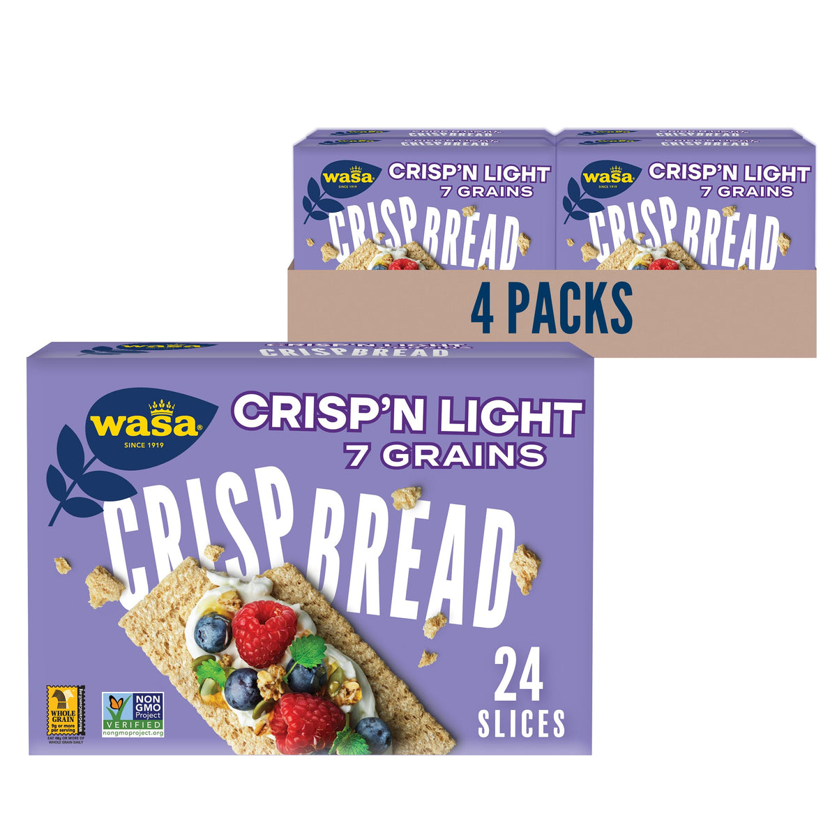 Wasa Crisp'n Light 7 Grains Crispbread pack image showing a four-pack for quick snacking.