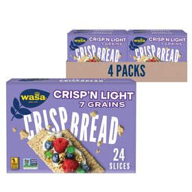 Wasa Crisp'n Light 7 Grains Crispbread pack image showing a four-pack for quick snacking.