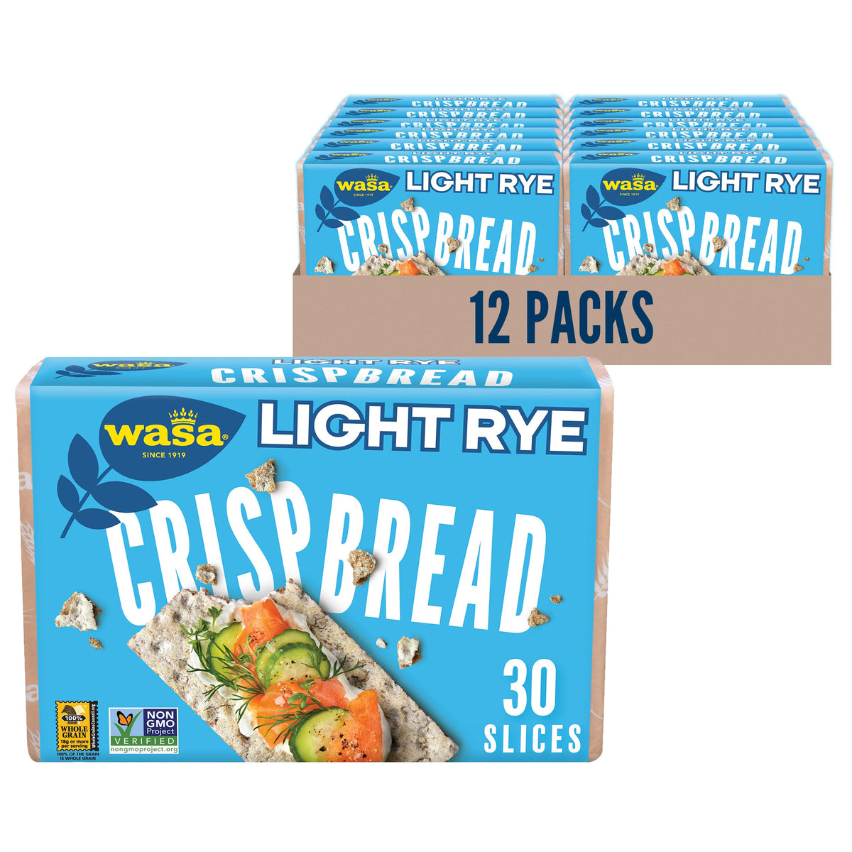 Wasa Light Rye Crispbread pack showing 18 g whole grains per serving.