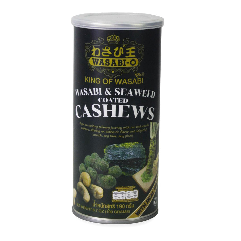WASABI-O Cashews pack closeup highlighting bold wasabi coating for flavorful snacking