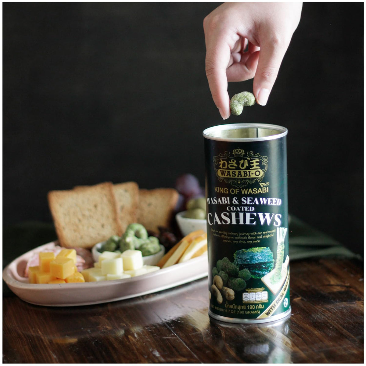 Seaweed flakes visible on WASABI-O Cashews for ocean-inspired crunch