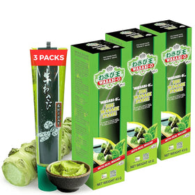 Wasabi-O real wasabi paste in squeeze tube close-up showing fresh, vibrant heat for sushi and sauces.